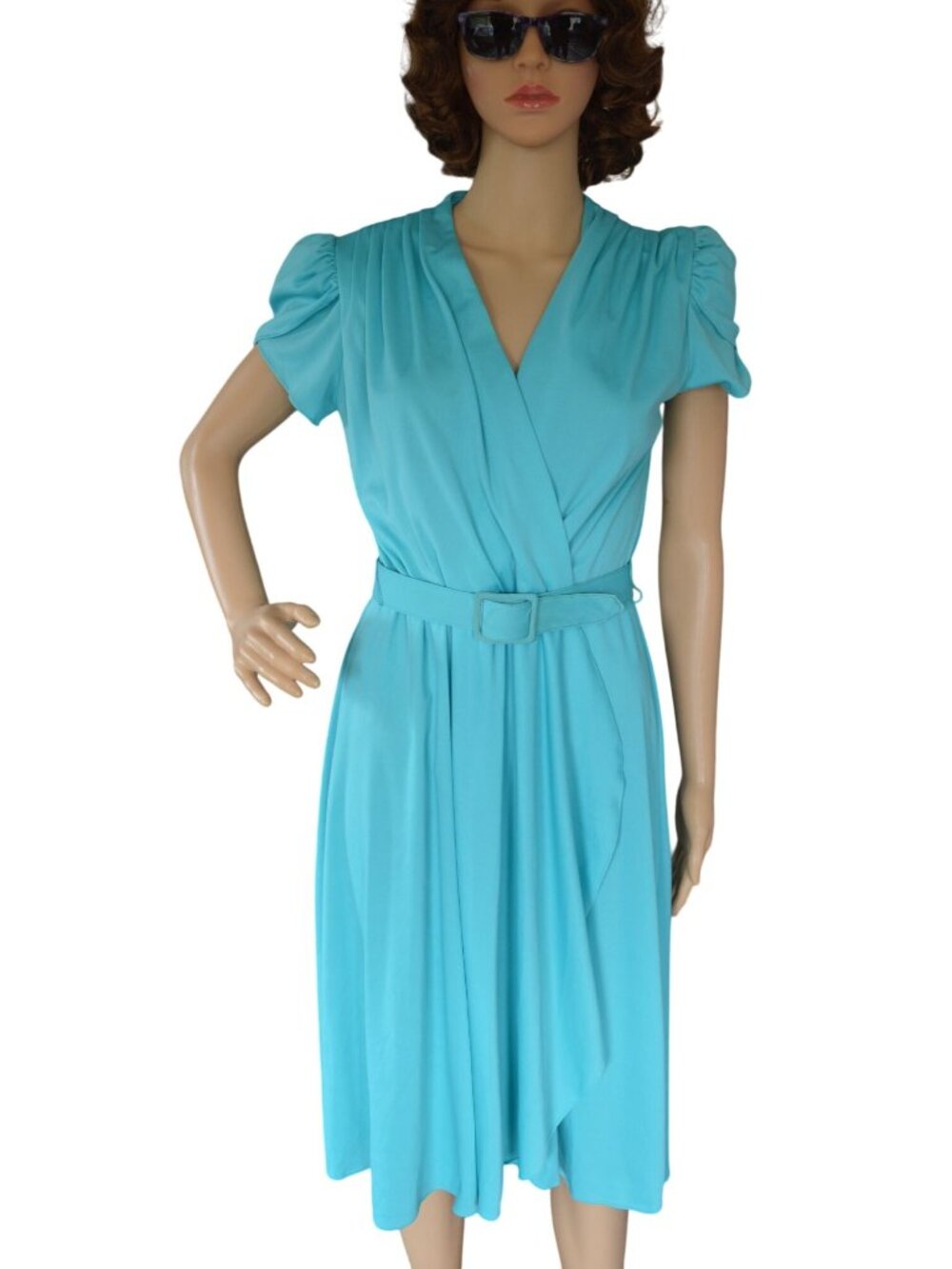 Vintage 90s Alison Peters Robins Egg Blue Belted Faux Wrap Dress Womens Size Sma